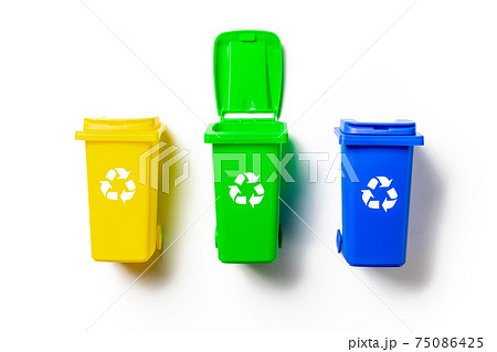 Precycling. Bin container for disposal garbage waste and save environment. Yellow, green, blue dustbin for recycle plastic, paper and glass can trash isolated on white background. Precycling. Bin container for disposal garbage waste and save environment. Yellow, green, blue dustbin for recycle plastic, paper and glass can trash isolated on white background. 75086425