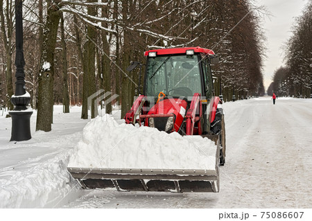 Red tractor with a large bucket removes snow in a city park 75086607