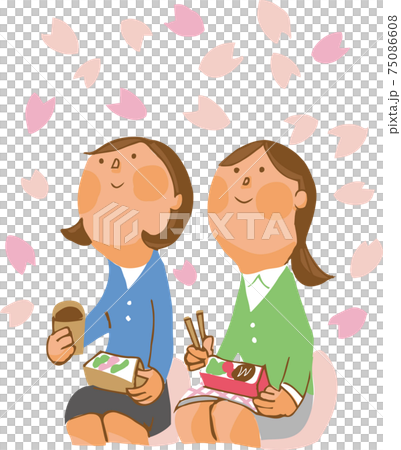 桜を見上げる女性二人 75086608