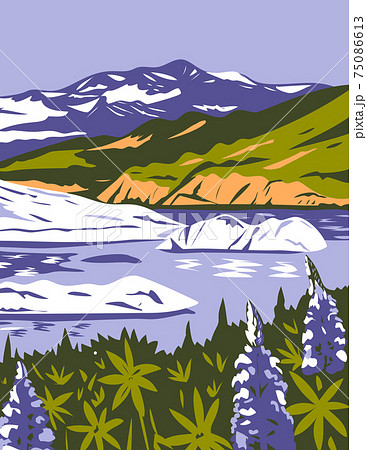 Wrangell-St. Elias National Park and Preserve with Purple Lupins in Nizina Lake in Alaska WPA Poster Art 75086613