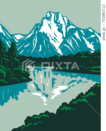 Jackson Hole Valley with the Peaks of Grand Teton National Park in Wyoming United States WPA Poster Art 75086712