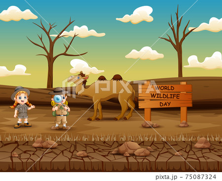 World Wildlife Day sign with the explorer boy and girl 75087324