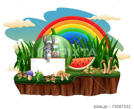 A rabbit holding blank sign with watermelon house illustration 75087332