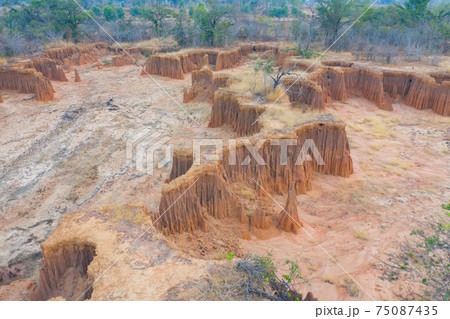 Aerial view of Lalu, Srakaew, Thailand. Dry rock reef. Nature landscape background. Grand Canyon of Thailand. Aerial view of Lalu, Srakaew, Thailand. Dry rock reef. Nature landscape background. Grand Canyon of Thailand. 75087435