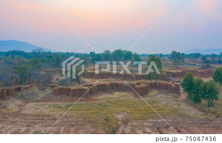 Aerial view of Lalu, Srakaew, Thailand. Dry rock reef. Nature landscape background. Grand Canyon of Thailand. Aerial view of Lalu, Srakaew, Thailand. Dry rock reef. Nature landscape background. Grand Canyon of Thailand. 75087436