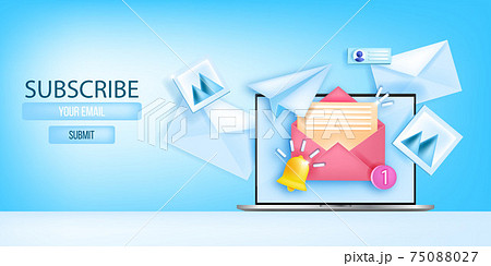 Subscribe email newsletter vector web page template, social media marketing banner, laptop screen. Subscribe email newsletter vector web page template, social media marketing banner, laptop screen. 75088027