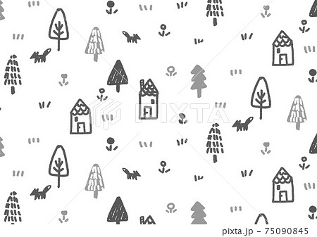 北欧風 かわいい家と森のパターン背景のイラスト素材