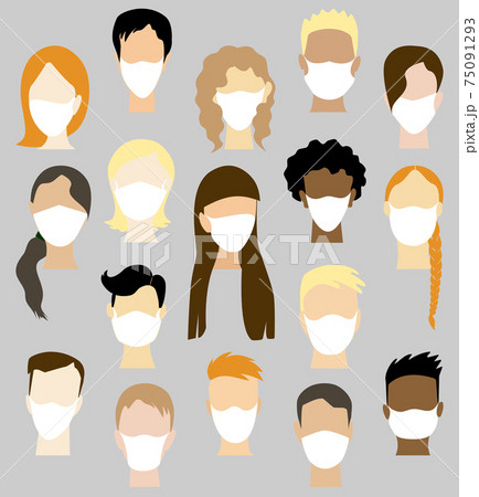 Big set of people wearing protective mask to prevent virus COVID-19. Men and woman face without eyes collection. Avatars with different haircut, hairstyle and skin color. Jpeg illustaration 75091293