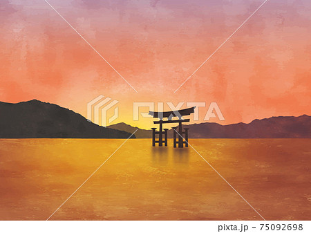 安芸の宮島の夕日の風景水彩画 75092698