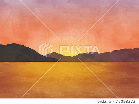 夕日と山と海の風景水彩画のイラスト素材