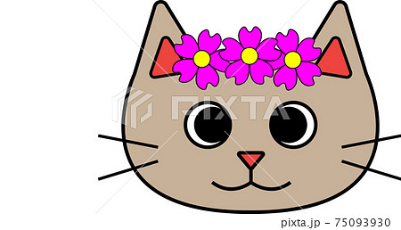 頭の上に花飾りをのせているネコのイラスト素材