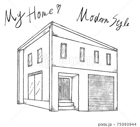 モダンスタイルの家の白黒手書きイラストイメージのイラスト素材