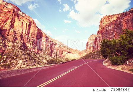 Scenic drive in Zion National Park, color toning applied, Utah, US. 75094347