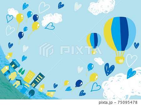 ハートと気球がたくさん飛んでいる街並みの背景イラスト 横2のイラスト素材