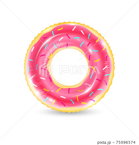 Inflatable ring looking like donut isolated on white background. Realistic colorful rubber swimming buoy. Vector illustration of top view at pool floater in glazed doughnut shape, beach toy 75096574