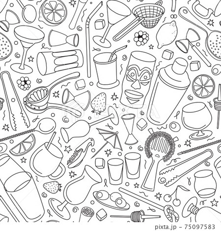 Hand-drawn doodle cartoon style bar cocktail tools accessories instruments such as shaker glasses strainers jiggers vector seamless pattern illustration background. 75097583