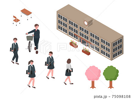 学生と学校のアイソメイラストセットのイラスト素材