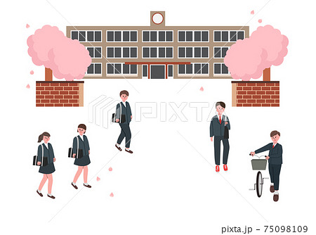桜の咲く学校　入学・卒業する学生のイラスト 75098109