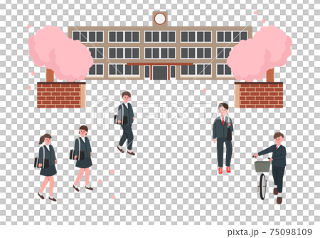 桜の咲く学校　入学・卒業する学生のイラスト 75098109