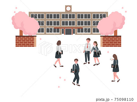 桜の咲く学校　入学・卒業する学生のイラスト 75098110