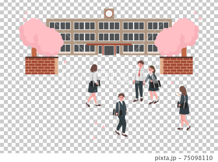 桜の咲く学校　入学・卒業する学生のイラスト 75098110