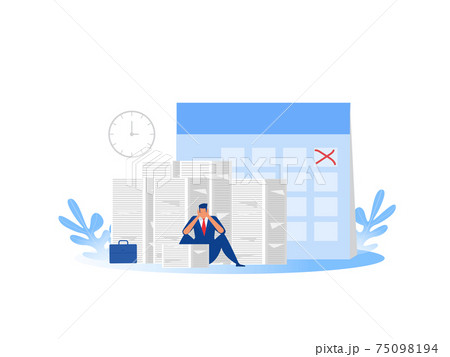 Businessman Hard work in office and busy unhappy man and stacks of paper . Vector flat illustration Businessman Hard work in office and busy unhappy man and stacks of paper . Vector flat illustration 75098194