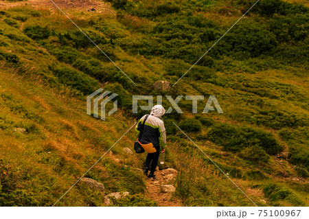 One tourist on the background of the Carpathian mountains, relaxation and enjoyment of nature and solitude. 75100967