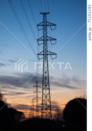 High-voltage power lines at sunset in winter, Finland. 75101283