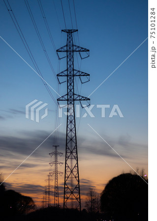 High-voltage power lines at sunset in winter, Finland. 75101284