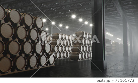 Barrels of wine, whiskey, bourbon liqueur or cognac in the basement. Aging of alcohol in oak barrels in warehouse. Wine, beer, whiskey casks stacked in a cellar, 3D illustration Barrels of wine, whiskey, bourbon liqueur or cognac in the basement. Aging of alcohol in oak barrels in warehouse. Wine, beer, whiskey casks stacked in a cellar, 3D illustration 75101772