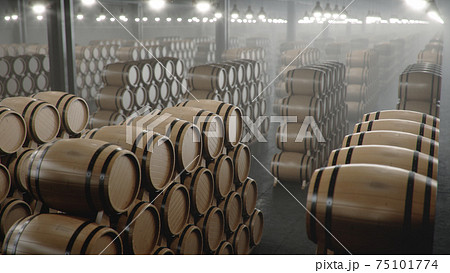 Barrels of wine, whiskey, bourbon liqueur or cognac in the basement. Aging of alcohol in oak barrels in warehouse. Wine, beer, whiskey casks stacked in a cellar, 3D illustration Barrels of wine, whiskey, bourbon liqueur or cognac in the basement. Aging of alcohol in oak barrels in warehouse. Wine, beer, whiskey casks stacked in a cellar, 3D illustration 75101774