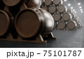 Barrels of wine, whiskey, bourbon liqueur or cognac in the basement. Aging of alcohol in oak barrels in warehouse. Wine, beer, whiskey casks stacked in a cellar, 3D illustration 75101787
