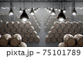 Barrels of wine, whiskey, bourbon liqueur or cognac in the basement. Aging of alcohol in oak barrels in warehouse. Wine, beer, whiskey casks stacked in a cellar, 3D illustration 75101789