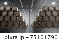 Barrels of wine, whiskey, bourbon liqueur or cognac in the basement. Aging of alcohol in oak barrels in warehouse. Wine, beer, whiskey casks stacked in a cellar, 3D illustration 75101790