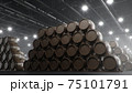 Barrels of wine, whiskey, bourbon liqueur or cognac in the basement. Aging of alcohol in oak barrels in warehouse. Wine, beer, whiskey casks stacked in a cellar, 3D illustration 75101791