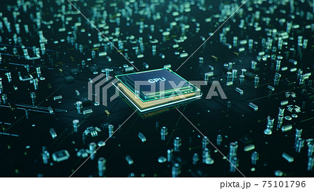 Technological background with CPU and circuit board. Flying CPU and installation in center circuit board. Neural Networking concept. Moving data transmission along lines circuit board, 3D illustration Technological background with CPU and circuit board. Flying CPU and installation in center circuit board. Neural Networking concept. Moving data transmission along lines circuit board, 3D illustration 75101796