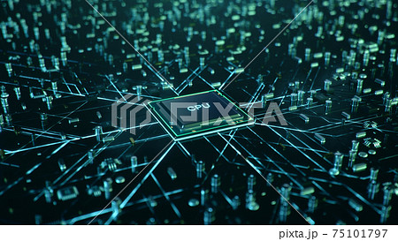 Technological background with CPU and circuit board. Flying CPU and installation in center circuit board. Neural Networking concept. Moving data transmission along lines circuit board, 3D illustration Technological background with CPU and circuit board. Flying CPU and installation in center circuit board. Neural Networking concept. Moving data transmission along lines circuit board, 3D illustration 75101797