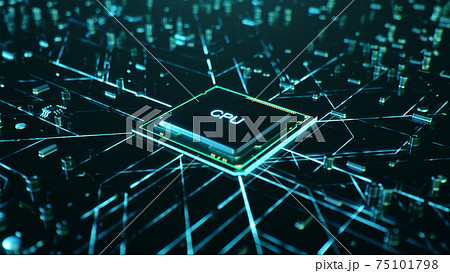 Technological background with CPU and circuit board. Flying CPU and installation in center circuit board. Neural Networking concept. Moving data transmission along lines circuit board, 3D illustration Technological background with CPU and circuit board. Flying CPU and installation in center circuit board. Neural Networking concept. Moving data transmission along lines circuit board, 3D illustration 75101798