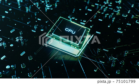 Technological background with CPU and circuit board. Flying CPU and installation in center circuit board. Neural Networking concept. Moving data transmission along lines circuit board, 3D illustration Technological background with CPU and circuit board. Flying CPU and installation in center circuit board. Neural Networking concept. Moving data transmission along lines circuit board, 3D illustration 75101799