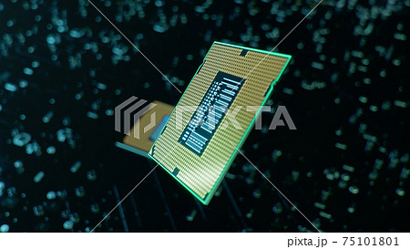 Technological background with CPU and circuit board. Flying CPU and installation in center circuit board. Neural Networking concept. Moving data transmission along lines circuit board, 3D illustration 75101801