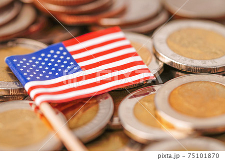Coins on America USA flag background 75101870