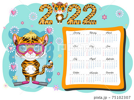 Calendar 2022. Tiger - a symbol of the new year, Cartoon tiger. Chinese horoscope calendar, horizontal A4 format, calendar for 12 months. Week starts on Sunday. Calendar 2022. Tiger - a symbol of the new year, Cartoon tiger. Chinese horoscope calendar, horizontal A4 format, calendar for 12 months. Week starts on Sunday. 75102307