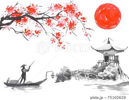 Japan traditional sumi-e painting. Fuji mountain, sakura, sunset. Japan sun. Indian ink vector illustration. Japanese picture. fisherman 75102629