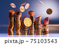 Cryptocurrency Bitcoin golden coins spilling on the table. 75103543