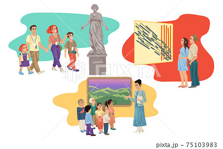 Museum gallery, people tourists visiting exhibits, paintings and statues, children and people watching the sights, guided tour, listening audio guide. Vector illustration 75103983