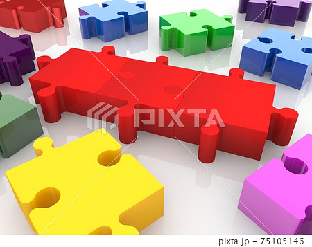 Three red puzzle pieces in a row between different colored puzzle pieces Three red puzzle pieces in a row between different colored puzzle pieces 75105146