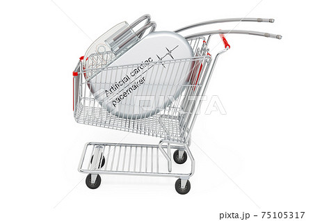 Shopping cart with artificial cardiac pacemaker. 3D rendering 75105317