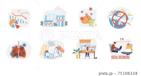 Vector cartoon flat illustrations set,coronavirus effects,covid prevention concept Vector cartoon flat illustrations set,coronavirus effects,covid prevention concept 75106338