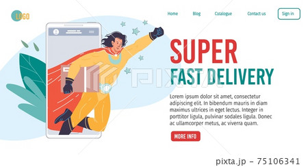 Flat cartoon superhero character delivery service,landing page vector illustration concept 75106341