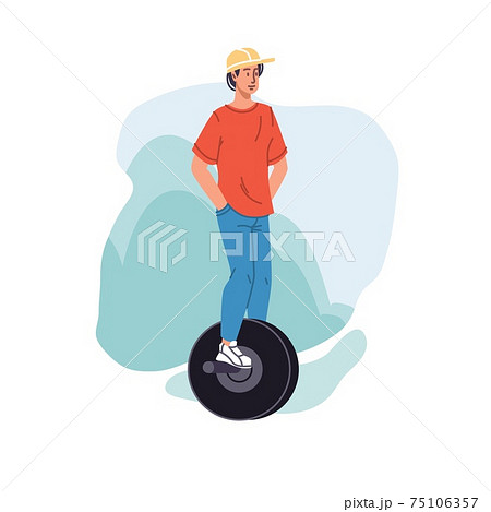 Flat Cartoon Boy Character Ride Unicycle Vector のイラスト素材